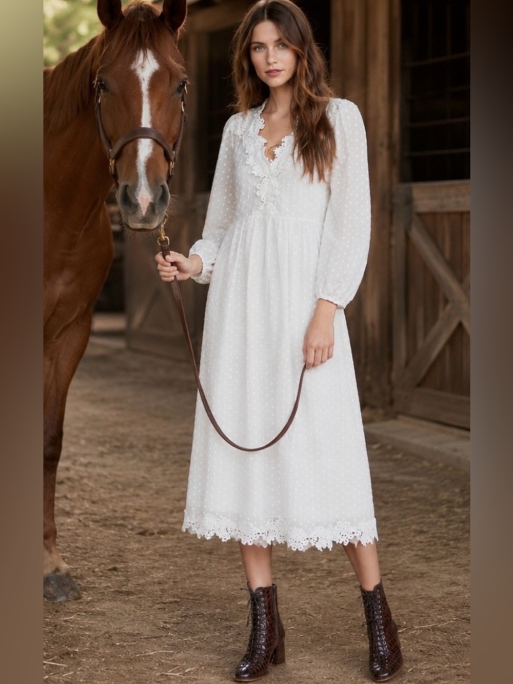 The Great Swiss Dot Floral Lace Trim Long Sleeve Maxi Dress